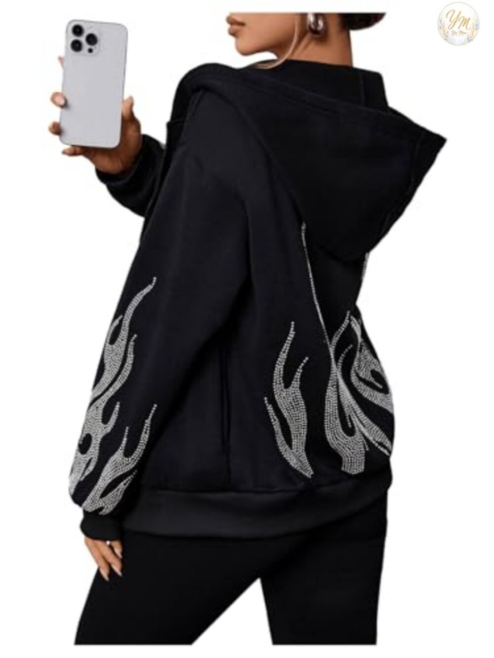 Oversized Graphic Zip-Up Hoodie with Rhinestones, Lightweight Women's Sweatshirt